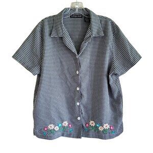 Vintage Grandmacore Blouse Women's Large Embroidered Gingham Cottagecore